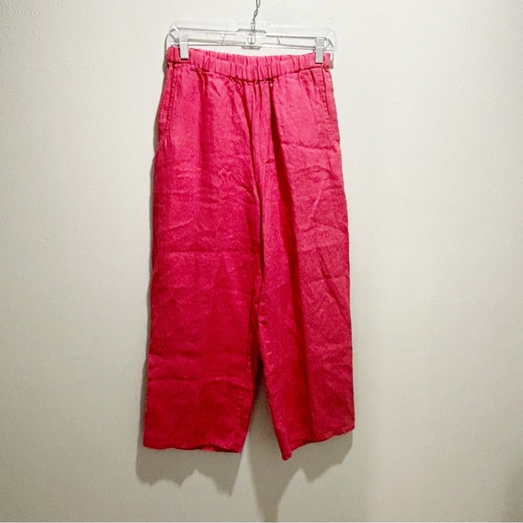 Flax Pants - FLAX Women’s Red Linen Wide Leg High Waist Crop Pull On Pants Lagenlook Size P